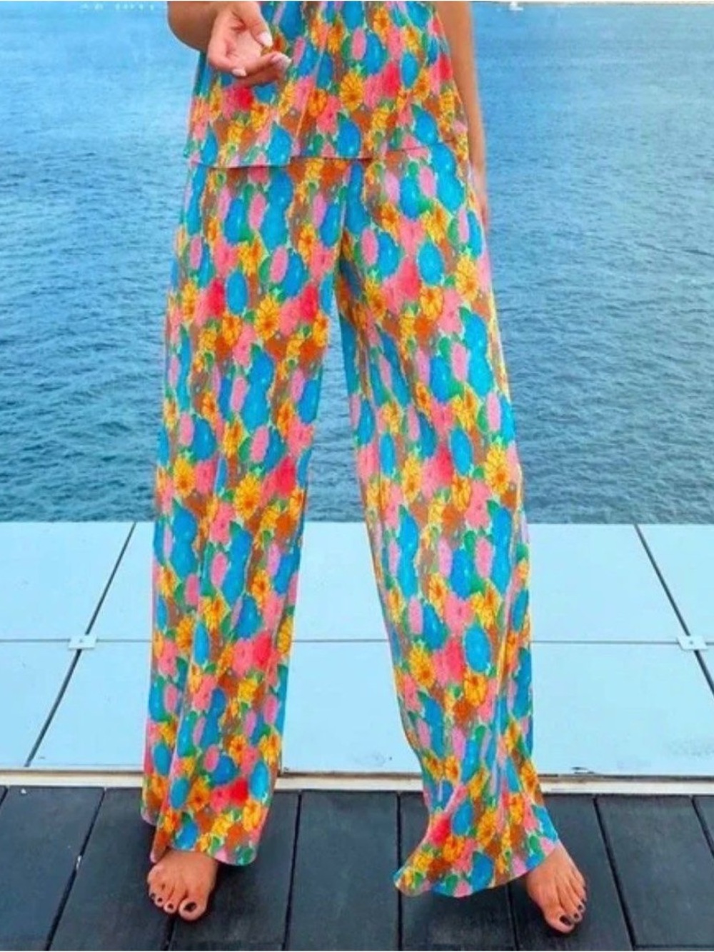 Zara Multicolor Wide Leg Pants - Teal, Pink, Yellow